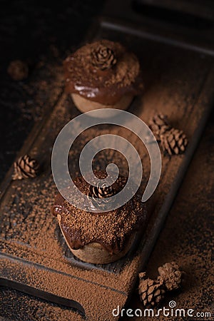 Chocolate muffins, decorated with a small cone on a dark wooden background. Cupcakes are poured with dark chocolate and cocoa powd Stock Photo