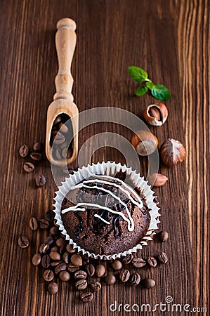 Chocolate muffins with hazelnuts and coffee beans Stock Photo