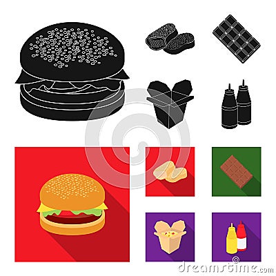 Chocolate, noodles, nuggets, sauce.Fast food set collection icons in black, flat style vector symbol stock illustration Vector Illustration