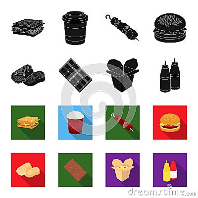 Chocolate, noodles, nuggets, sauce.Fast food set collection icons in black,flet style vector symbol stock illustration Vector Illustration