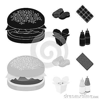 Chocolate, noodles, nuggets, sauce.Fast food set collection icons in black,monochrom style vector symbol stock Vector Illustration