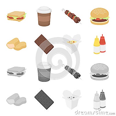 Chocolate, noodles, nuggets, sauce.Fast food set collection icons in cartoon,monochrome style vector symbol stock Vector Illustration