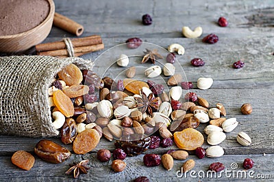 Chocolate nuts dried fruits and candy Stock Photo