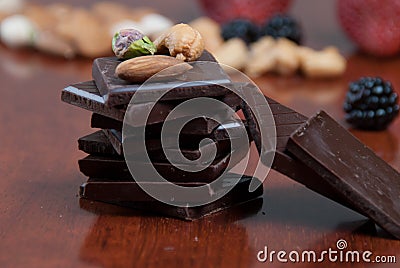 Chocolate, nuts and fruit Stock Photo