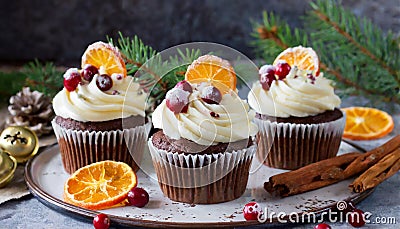 Chocolate orange Christmas cupcakes with cream cheese frosting with sugared cranberries, Generative AI Stock Photo