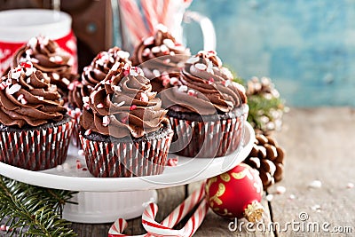 Chocolate peppermint cupcakes with candy cane Stock Photo