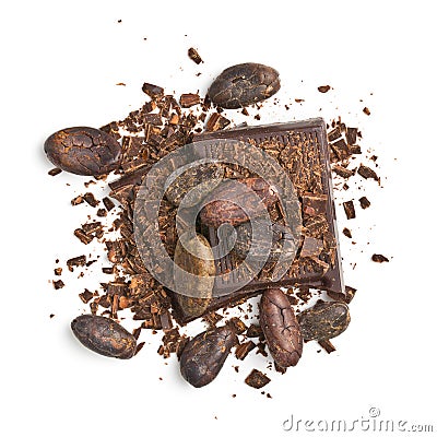 Chocolate pieces with cocoa beans Stock Photo