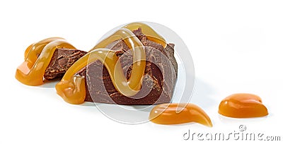 Chocolate pieces with melted caramel sauce Stock Photo