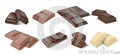 Chocolate pieces. Realistic dark bars and chunks of milky chocolate, 3D blocks of cocoa dessert. Vector square chocolate Vector Illustration