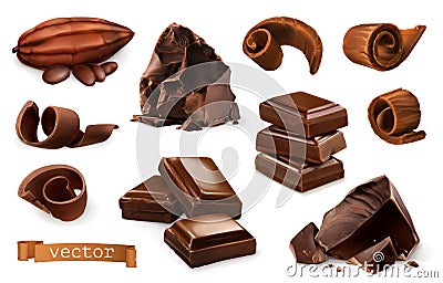 Chocolate. Pieces, shavings, cocoa fruit. 3d vector icon set Vector Illustration