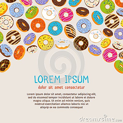 Chocolate and pink frosting caramel topping doughnut poster template. Vector donuts background with text Vector Illustration