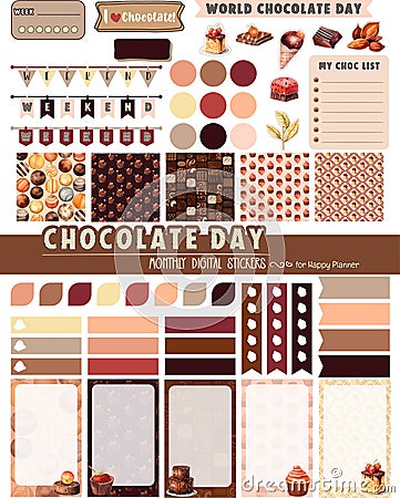 Chocolate planner stickers collection with cute sweet elements. Weekly planner with cute illustration dessert theme graphic for Cartoon Illustration