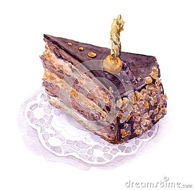 Chocolate-praline cake with ground-cherry berry, Watercolor Stock Photo