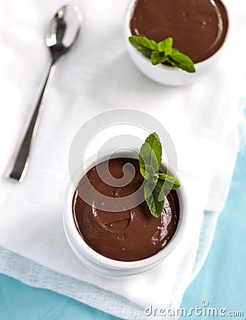 Chocolate Pudding With Mint Stock Photo