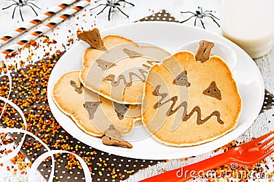 Chocolate Pumpkin Halloween Pancakes Stock Photo