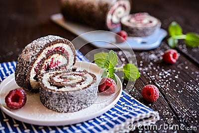 Chocolate roll cake with coconut and raspberry filling Stock Photo