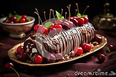 Chocolate roll with cherries Stock Photo