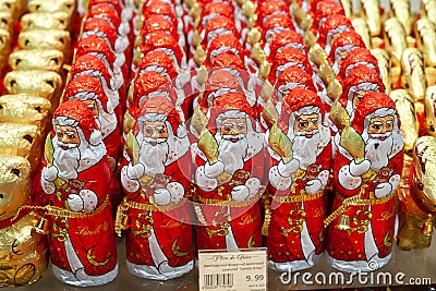 MINSK, BELARUS - December 13, 2019: Chocolate Santa Claus by Lindt ready for Christmas Presents for Sale in a Shop Editorial Stock Photo