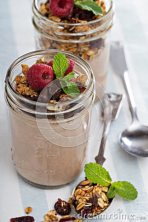Chocolate smoothie with granola for breakfast Stock Photo
