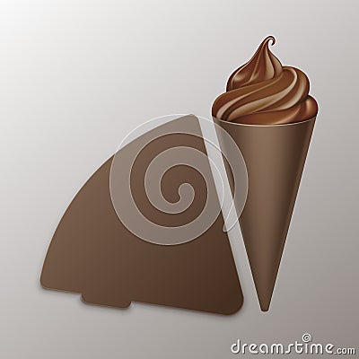Chocolate Soft Serve Ice Cream Waffle Cone in Brown Carton Foil Wrapper for Branding Close up on Background Vector Illustration