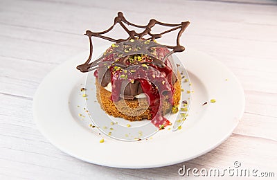 Chocolate sphere and its vanilla ice cream on its Breton shortbread and raspberry coulis. Happy Halloween Stock Photo