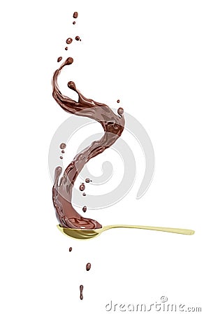 Chocolate splash in golden spoon, food and drink illustration, isolated 3d rendering Cartoon Illustration