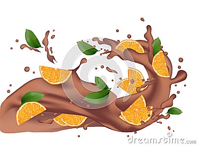 Chocolate splash with orange. Milk chocolate, cacao, coffee. 3d Vector Illustration