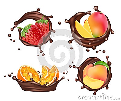 Chocolate splashes with fruits and berries. Vector realistic orange and peach, mango and strawberry with chocolate milk Vector Illustration