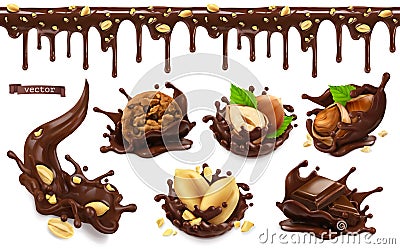 Chocolate splashes with peanuts, hazel nuts, chocolate cookies. Seamless pattern. 3d vector food objects set Vector Illustration