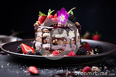 chocolate sponge cake with berries, sweet dessert.. Stock Photo