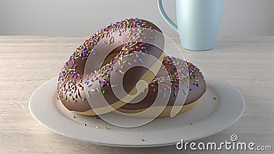 Chocolate Sprinkle Donuts with Blue Coffee Mug 3D Rendering Stock Photo