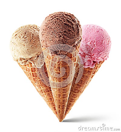 Chocolate, strawberry and caramel ice cream with cone Stock Photo