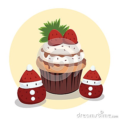 Chocolate Strawberry Cupcakes with Little Santa Vector Illustration
