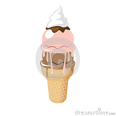 Chocolate and strawberry Delicious ice cream cone Vector Illustration