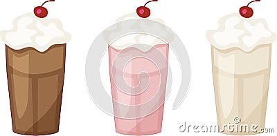 Chocolate, Strawberry, Vanilla Milkshakes with Whipped Cream and Cherries Cartoon Illustration