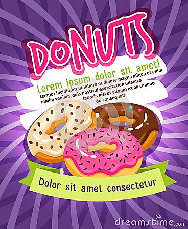 Chocolate and sugar glazed donut bakery poster. Donuts food advertising vector Vector Illustration