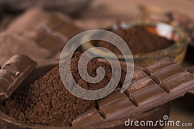Chocolate sweet, cocoa pod and food dessert background Stock Photo