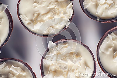 Chocolate sweet dessert filling with coconut cream and coconut petals on top, product photography fot patisserie Stock Photo