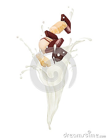 Chocolate sweets drown in splashes of milk Stock Photo