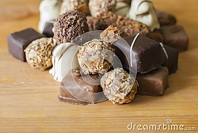 Chocolate sweets. Set of chocolates assortment on the table Stock Photo