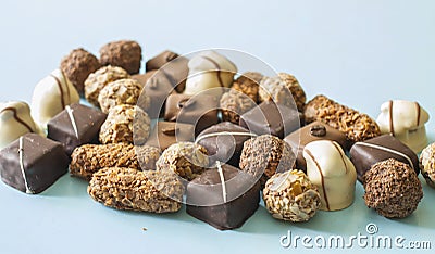 Chocolate sweets. Set of chocolates assortment on the table Stock Photo