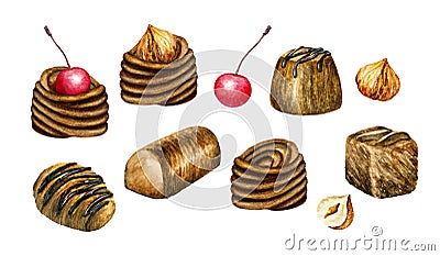 Chocolate sweets. Watercolor illustration. Chocolate candies, delicacy truffles. Love symbol Stock Photo