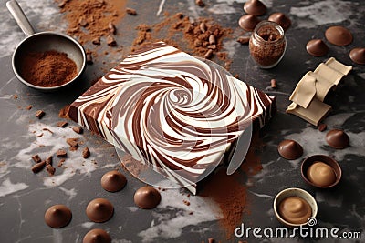 chocolate swirls and patterns on a marble slab Stock Photo