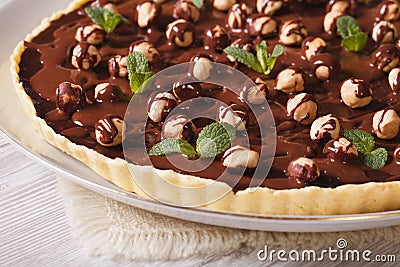 Chocolate tart with hazelnut and mint close-up. Horizontal Stock Photo