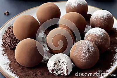 Chocolate truffles. An assortment of chocolate, candy, bars and chocolate pieces. Chocolate cake. Generative AI Stock Photo