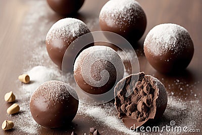 Chocolate truffles. An assortment of chocolate, candy, bars and chocolate pieces. Chocolate cake. Generative AI Stock Photo