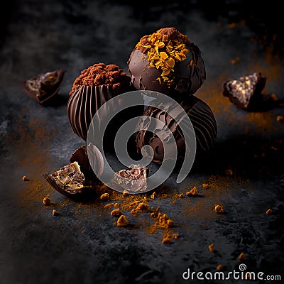 Chocolate truffles with gooey date centres on dark stone Stock Photo