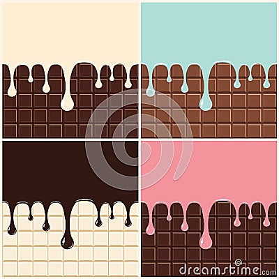 Chocolate, vanilla cream, pink and blue cream. Set of melted cream and chocolate dripping down on chocolate bar background Vector Illustration