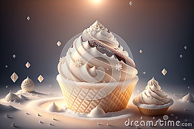 Chocolate vanilla ice cream cone ads with ice cubes and snowflakes by AI Generated Stock Photo