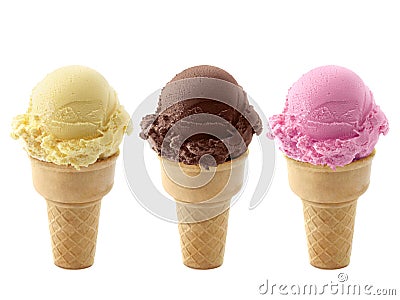 Chocolate, vanilla and strawberry Ice cream in the cone on white background Stock Photo